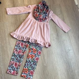 Pink floral and leopard matching shirt, pants, and scarf set, preschool age